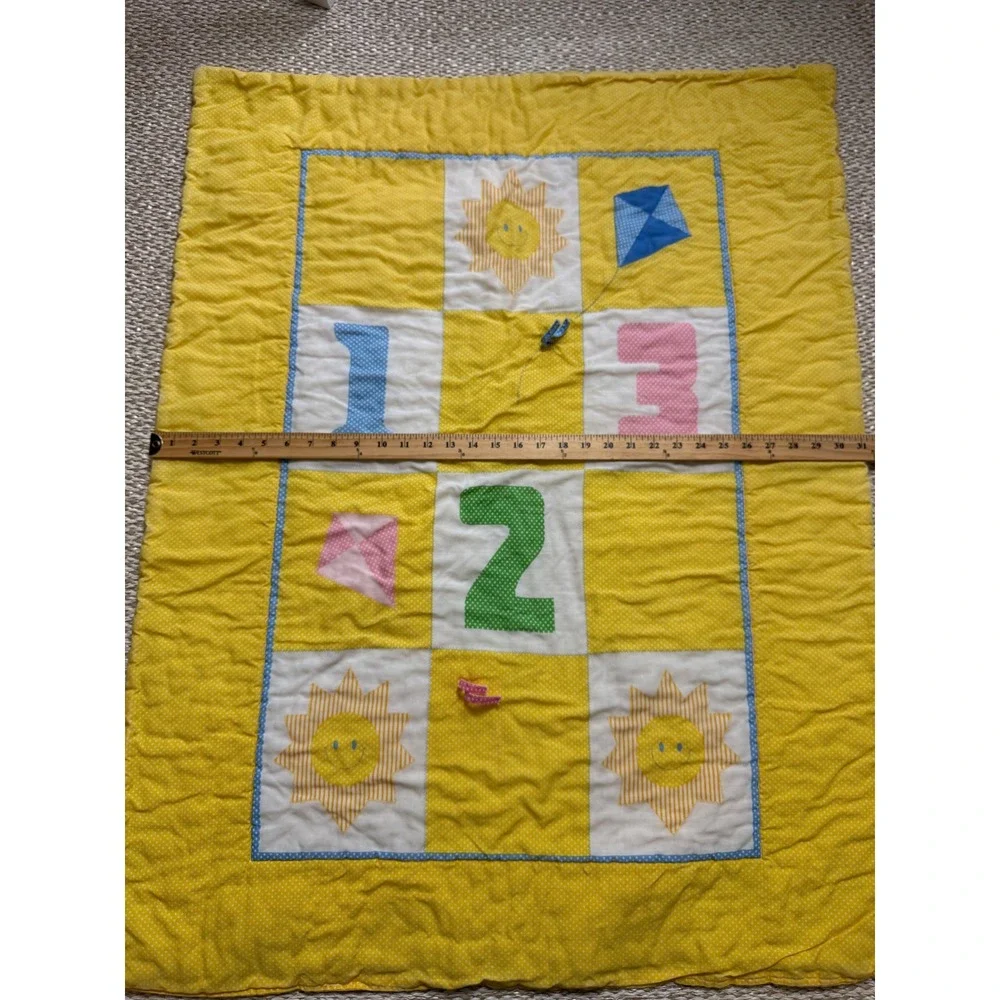Vintage Handmade Baby Quilt Yellow Polka Dot Sun 123 Nursery Blanket crib